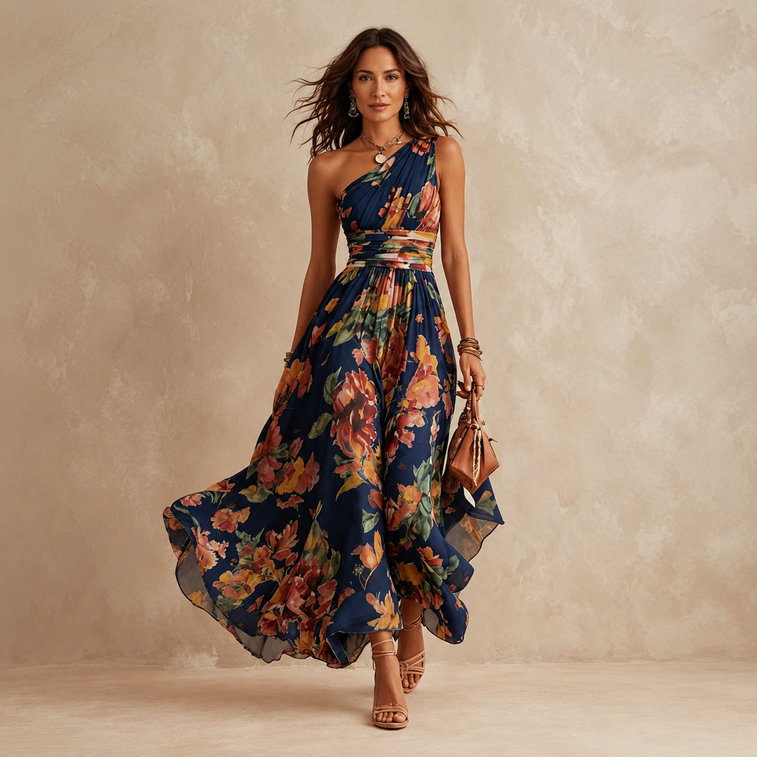 Celeste One-Shoulder Floral Maxi Navy