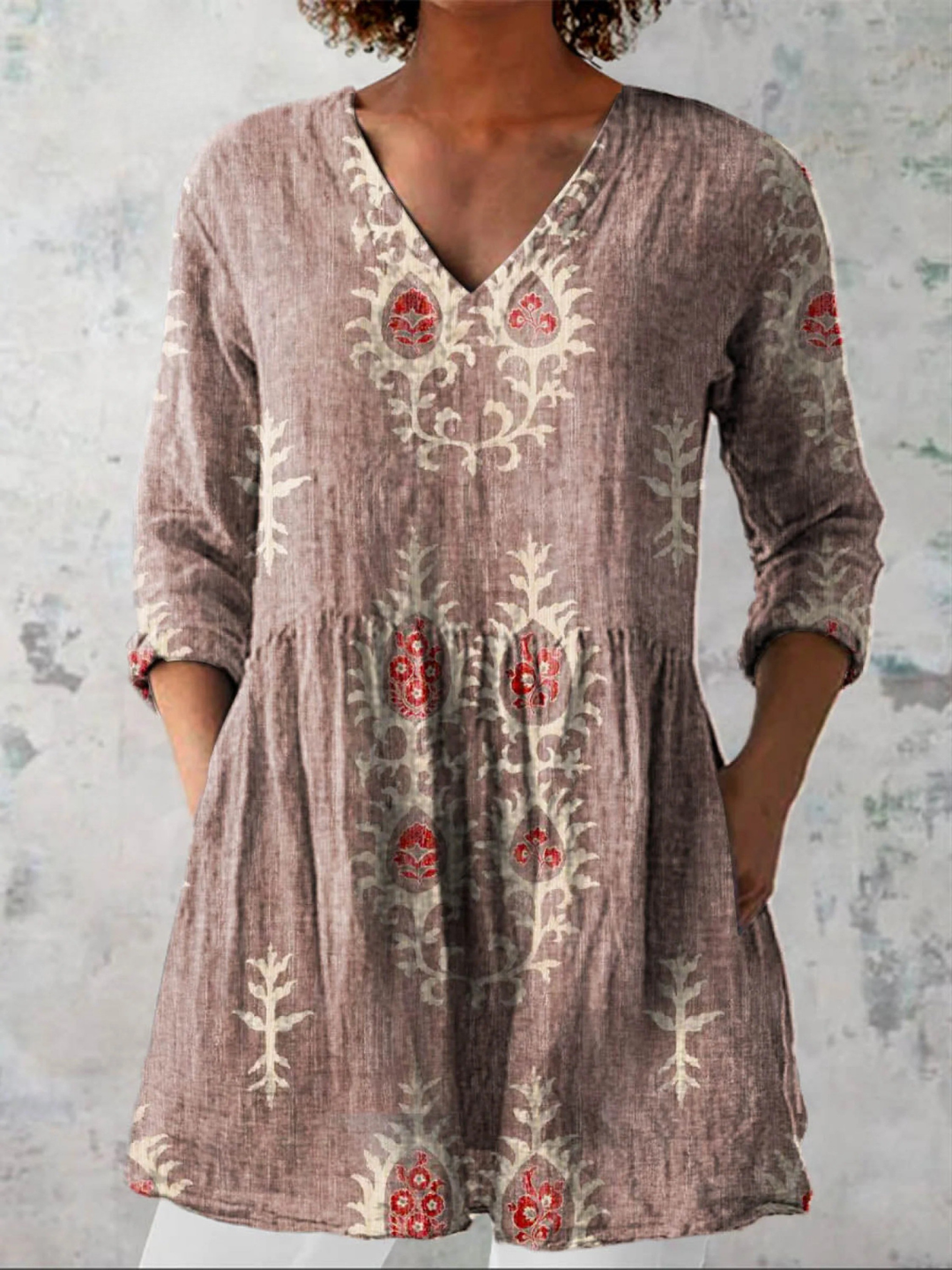 Elise Long Blouse with V-Neck Pink