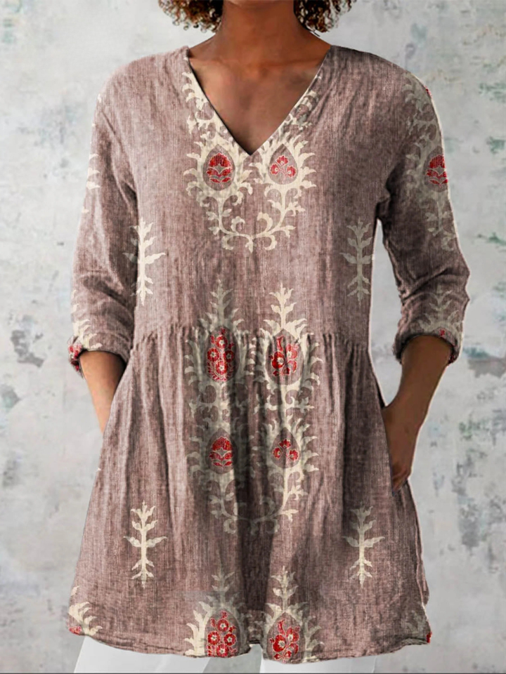 Elise Long Blouse with V-Neck Pink