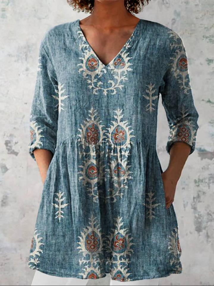 Elise Long Blouse with V-Neck Blue