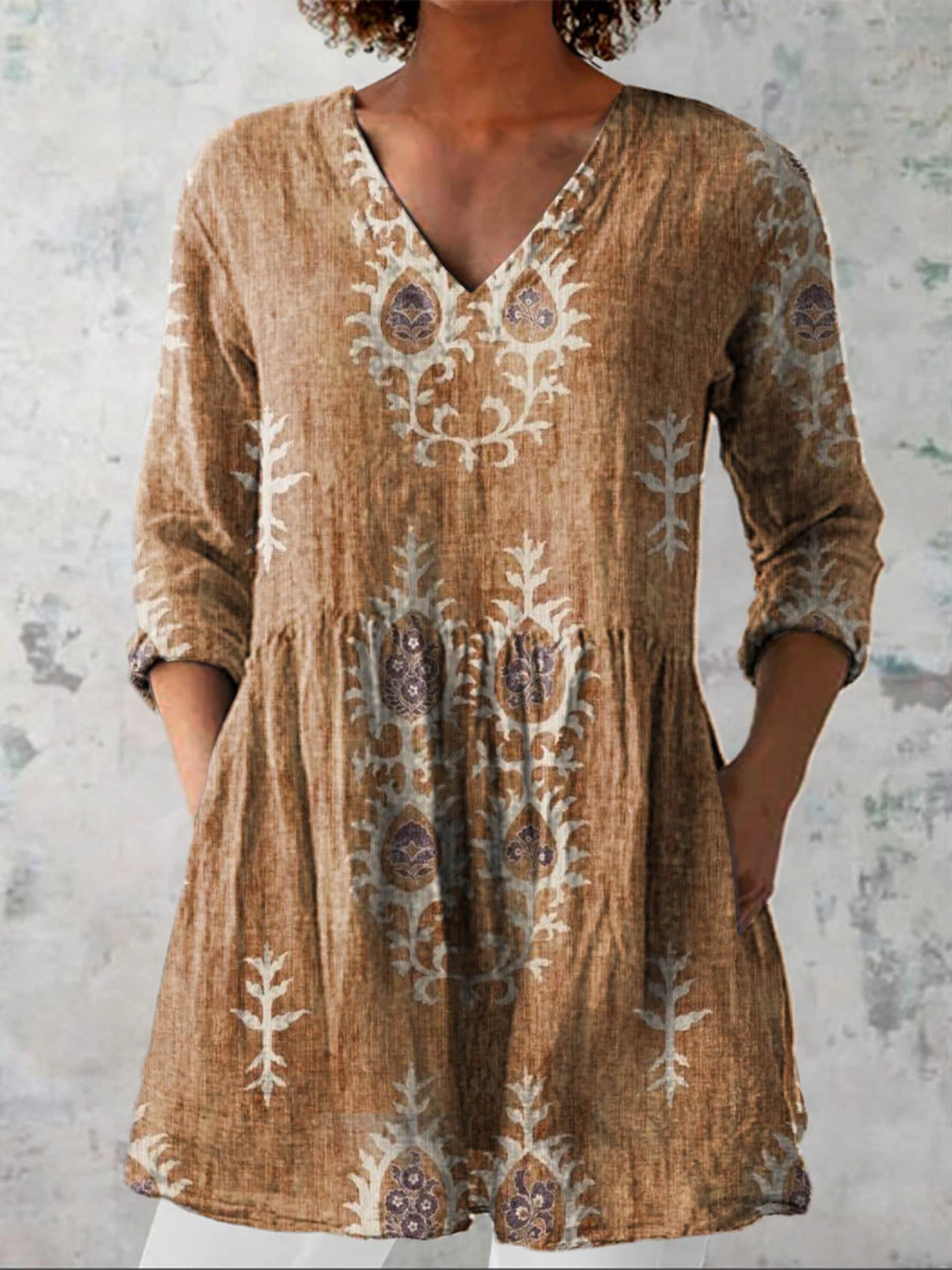 Elise Long Blouse with V-Neck Yellow