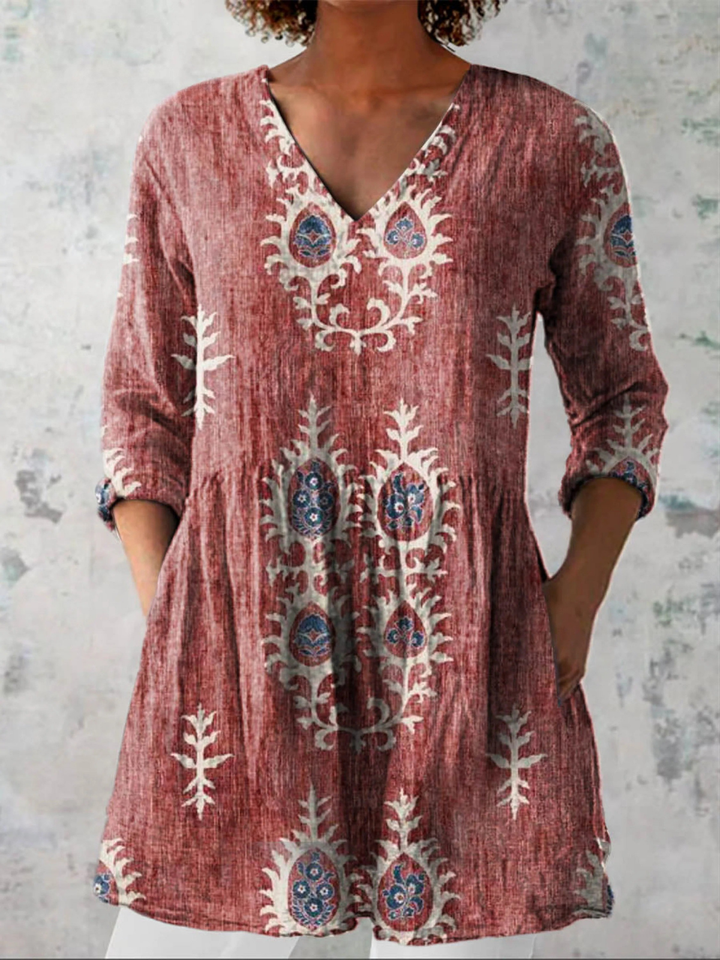 Elise Long Blouse with V-Neck Red